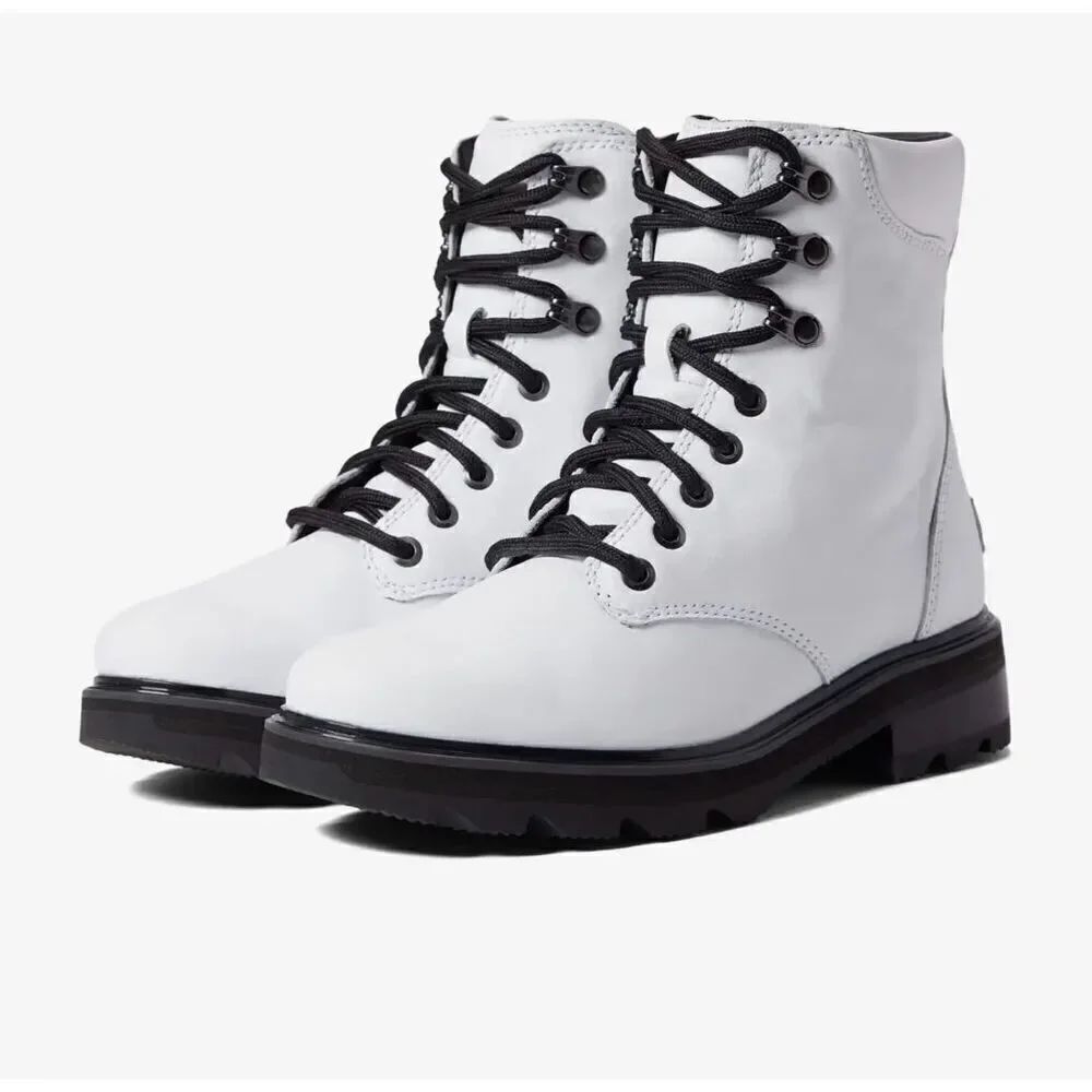 Womens Sorel Lennox White Lace Up STKD Waterproof Leather Combat Boots - Sz 9